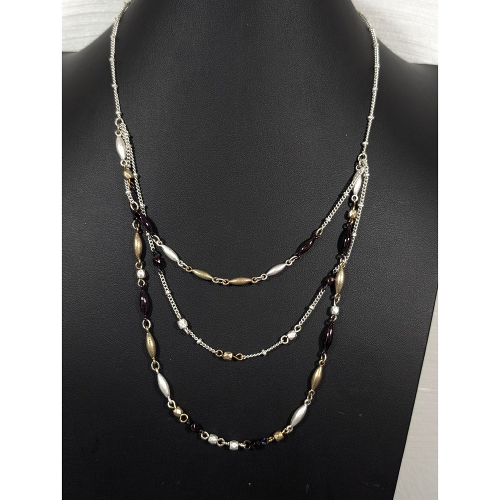 Nine West Vintage America Layered Chain Necklace Brown Silver Tone Boho 19"‎